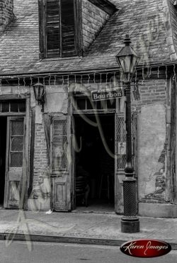 black and white of the oldest pub on bourbon street new orleans louisiana