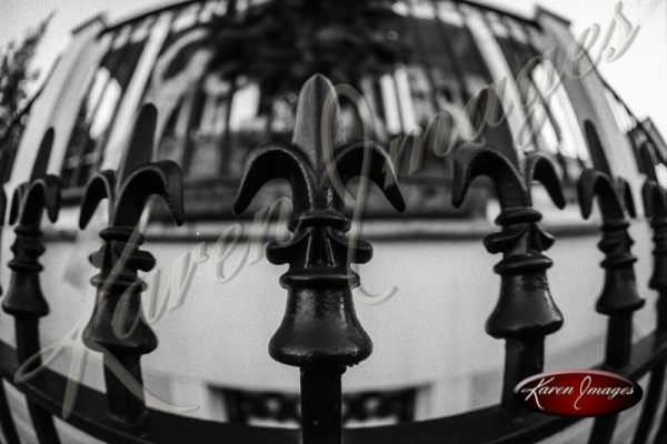 black and white of iron fleur de lais on an iron fence in garden district of new orleans louisiana