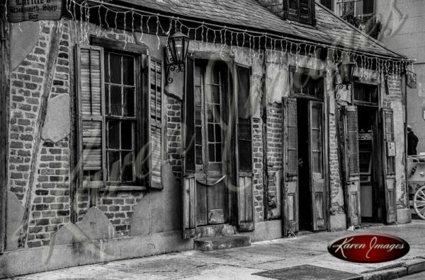 black and white of the oldest pub on bourbon street new orleans louisiana