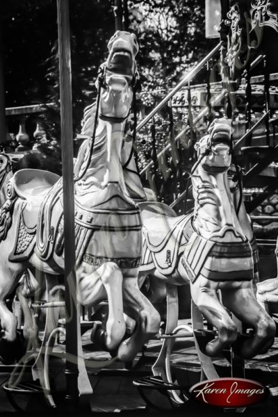 Carousel Horse bicycles Black and White image of Paris Street Scenes