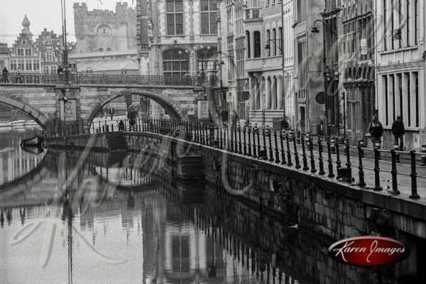 Black and white of brugge belgium view of ancient canal and brick facades ancient medieval city view