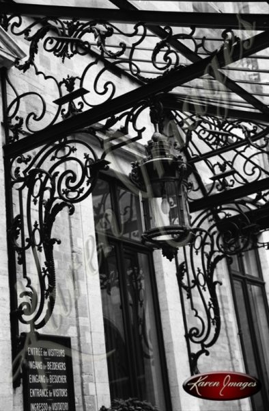 Black and white of brugge belgium decortative iron neuvo gothic art nouveau awaning