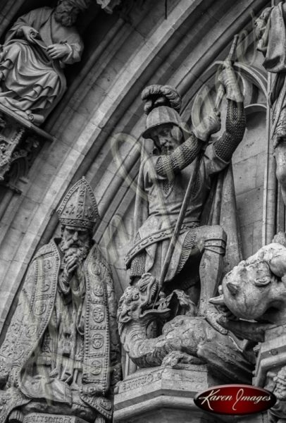 Black and white of brussels belgium statues warrior dragon bishop